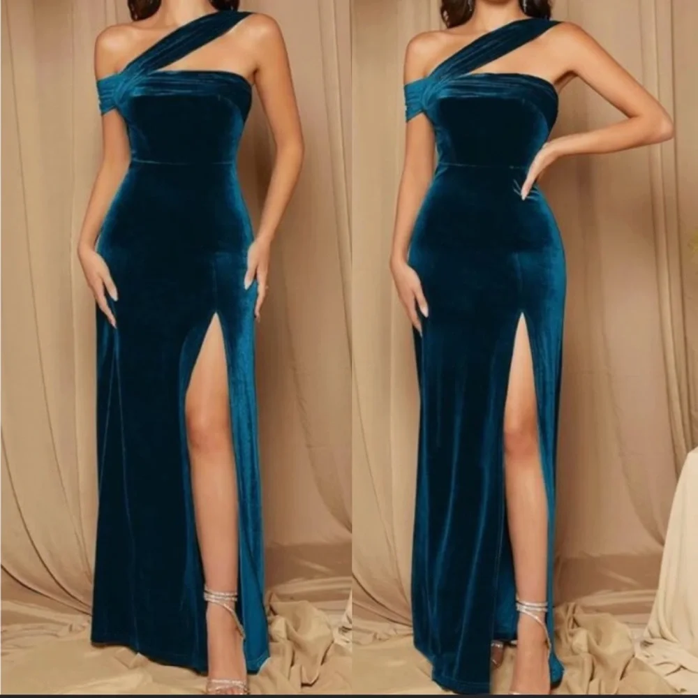 Luxe velvet one shoulder slit thigh party formal evening wedding  gown dress